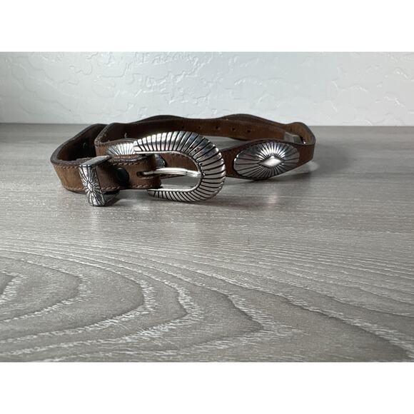Justin Made in USA Brown Leather Belt Silver Tones Buckle and Concho Design 38” - Picture 1 of 7